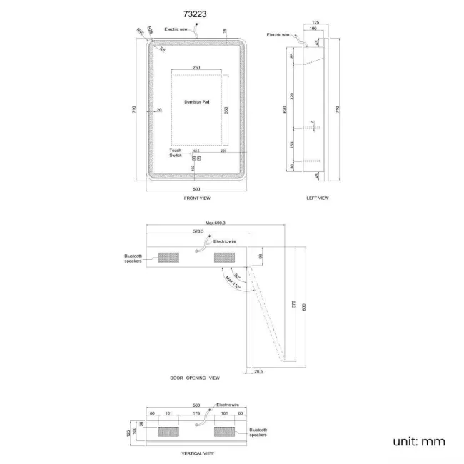 Olivia Black Framed Illuminated LED Mirror Cabinet With BLUETOOTH Speaker 710x500mm