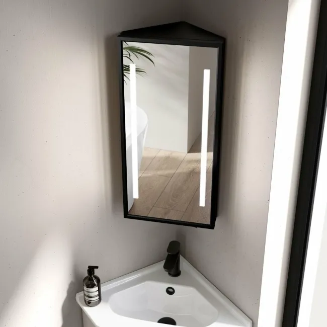 Madelyn Battery Operated Black Framed Illuminated LED Corner Mirror Cabinet 600mm Tall