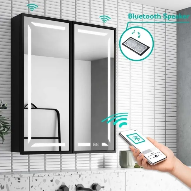 Mia Black Framed Illuminated LED Mirror Cabinet With BLUETOOTH Speaker & USB Port 710x600mm
