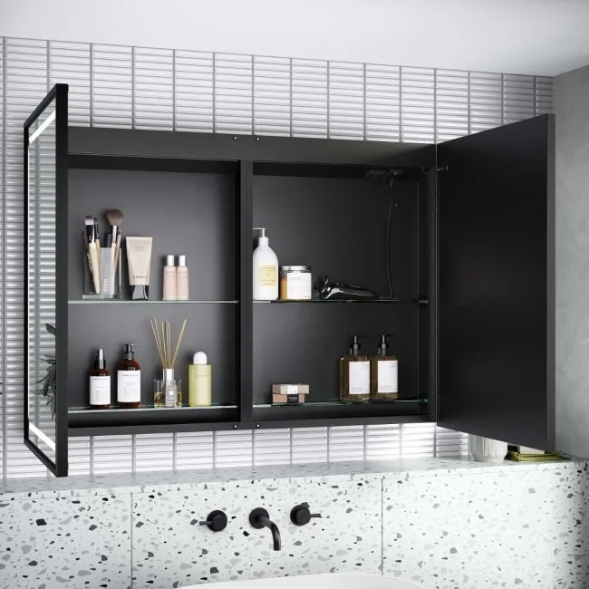 Mia Black Framed Illuminated LED Mirror Cabinet With BLUETOOTH Speaker & USB Port 710x1000mm