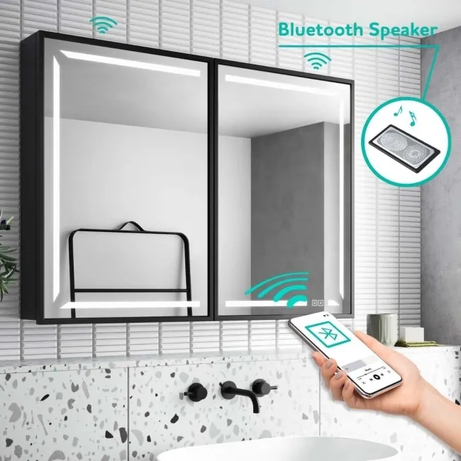 Mia Black Framed Illuminated LED Mirror Cabinet With BLUETOOTH Speaker & USB Port 710x1000mm