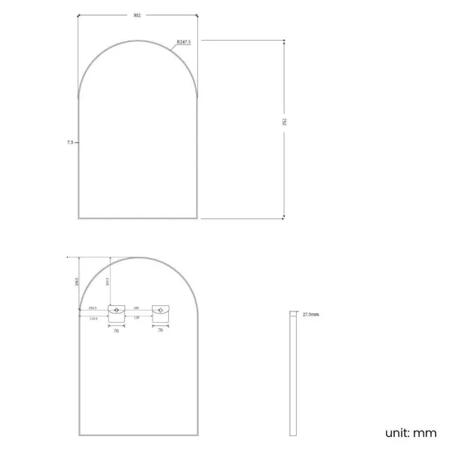 Essence Black Framed Arched Bathroom Mirror 750x500mm