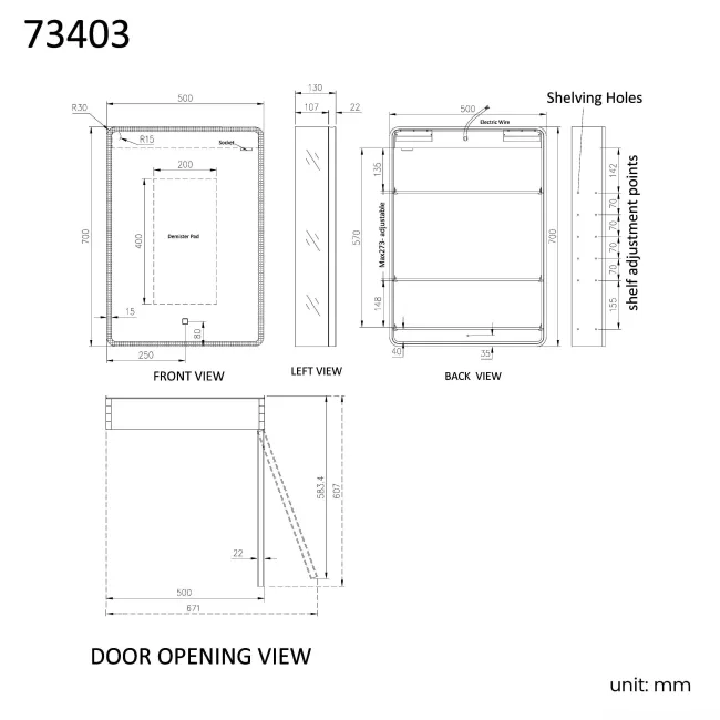 Aurora Matt Black Illuminated LED Mirror Cabinet 700x500mm