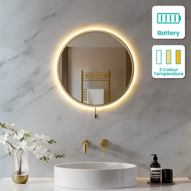 Delilah Battery Operated Brushed Brass Round Backlit LED Mirror 500mm
