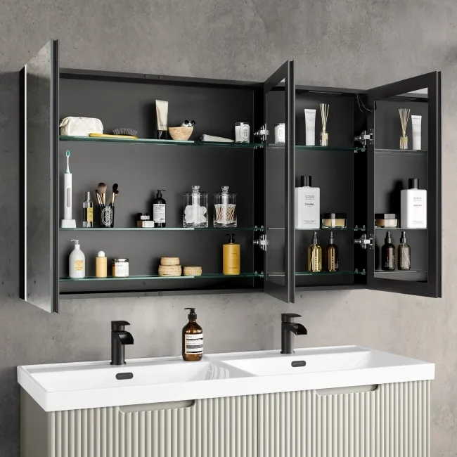 Selma Battery Operated Matt Black Illuminated LED Mirror Cabinet 700x1200mm
