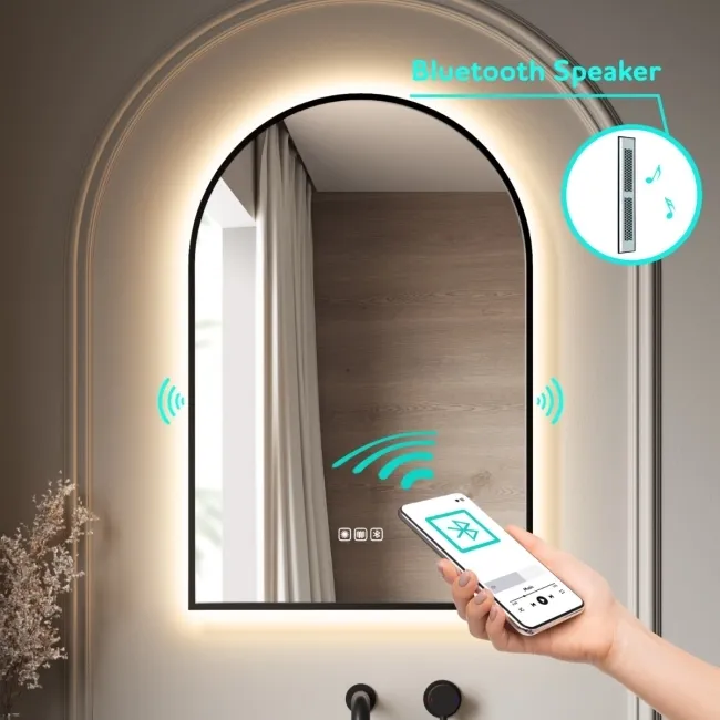 Maya Black Framed Arched Backlit Illuminated LED Mirror With BLUETOOTH Speaker 750x500mm