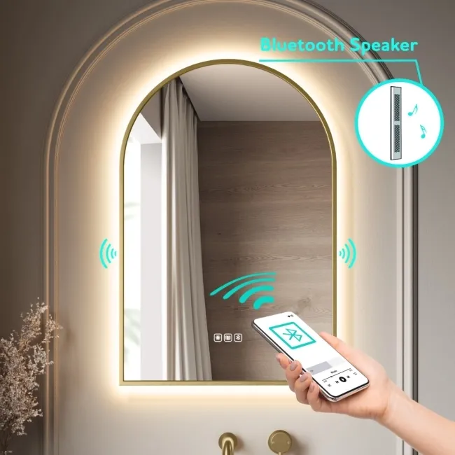 Maya Brushed Brass Arched Backlit Illuminated LED Mirror With BLUETOOTH Speaker 750x500mm