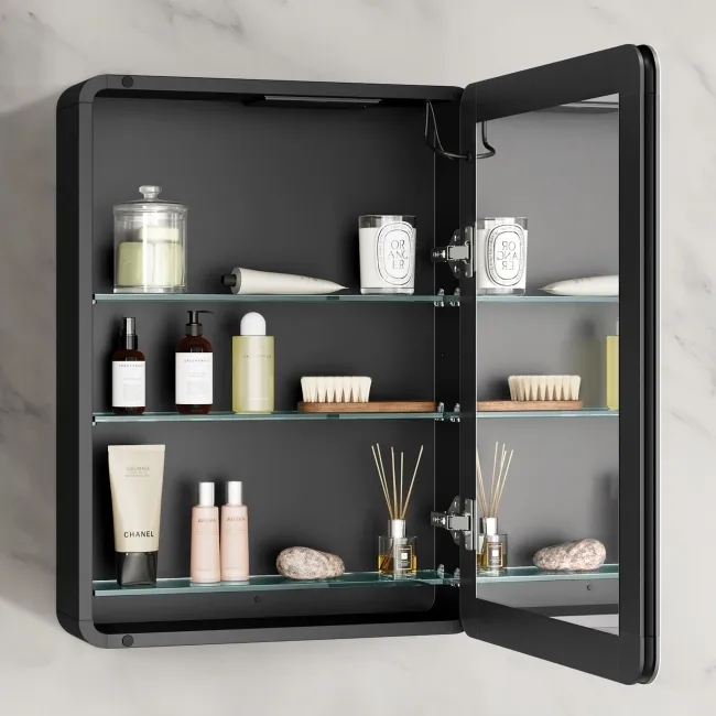Aurora Battery Operated Matt Black Illuminated LED Mirror Cabinet 600x450mm