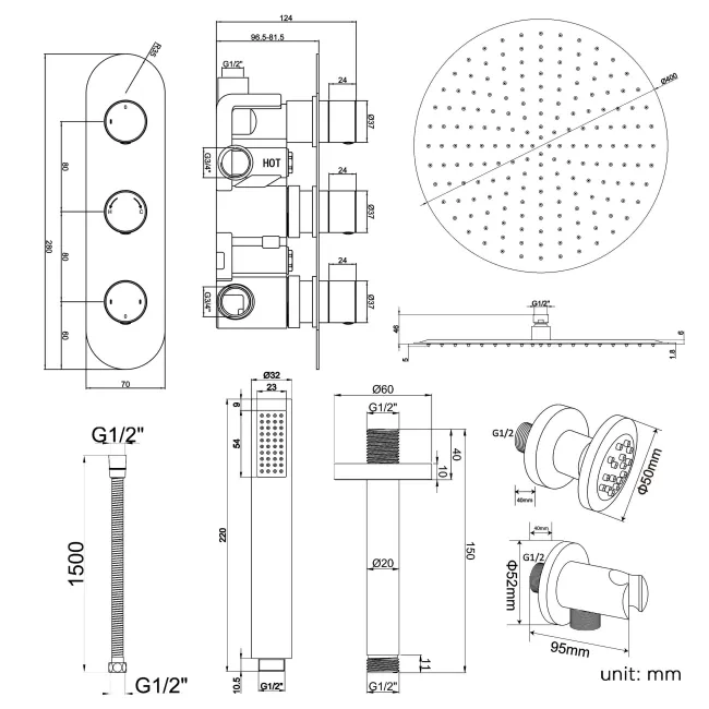 Ballina Premium Ceiling Chrome Round Thermostatic Set - 400mm Head, Hand Shower & Jets