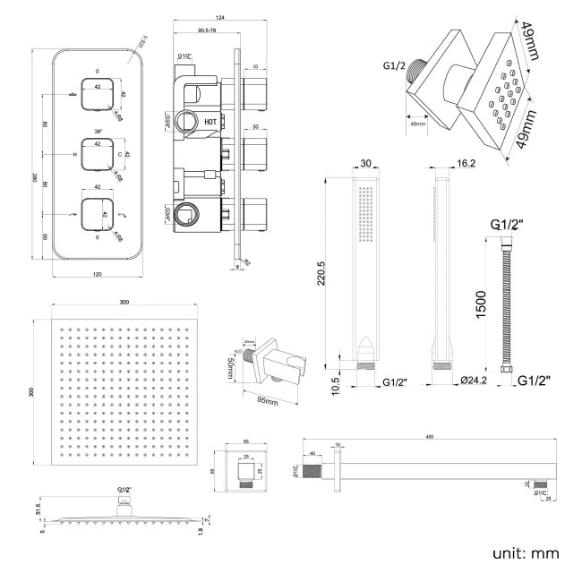 Galway Premium Chrome Square Thermostatic Set - 300mm Head, Hand Shower & Body Jets