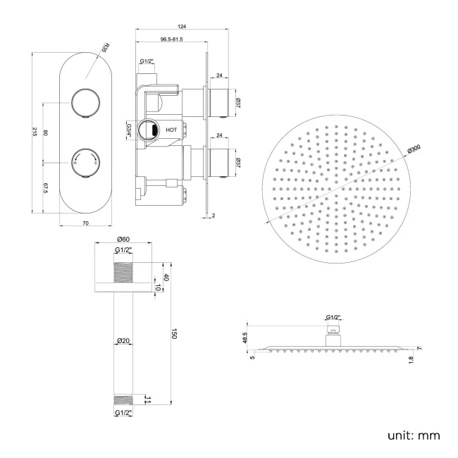 Ballina Premium Ceiling Matt Black Round Thermostatic Shower Set - 300mm Head