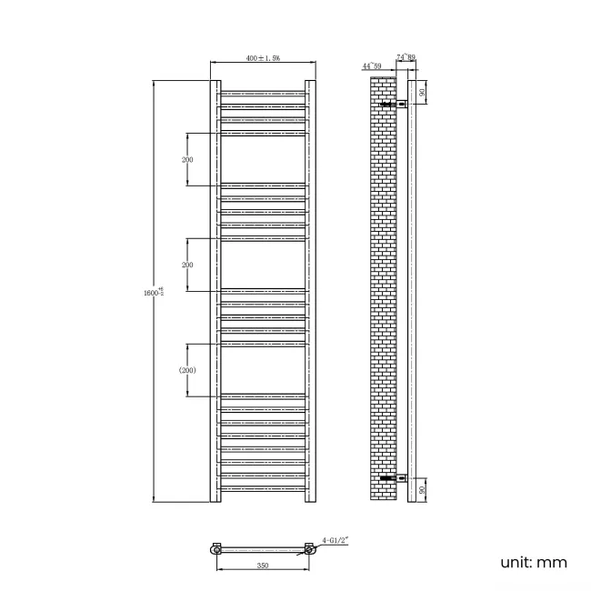 Barcelona Electric Brushed Brass Straight Heated Towel Rail 1600x400mm