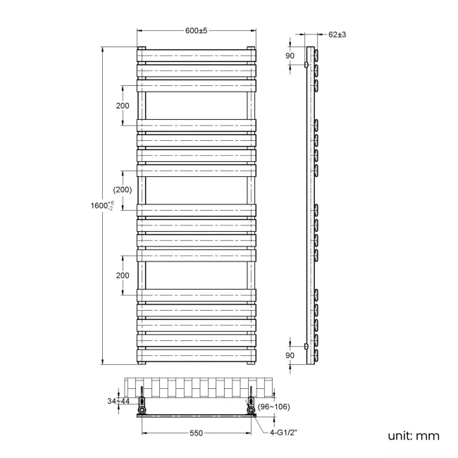 Santorini Electric Brushed Brass Flat Panel Heated Towel Rail 1600x600mm