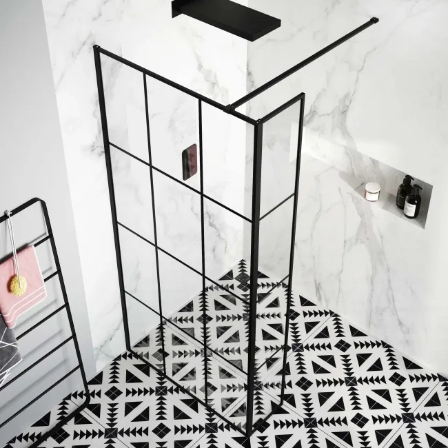 Munich Matt Black Grid 8mm Wet Room Shower Glass 1000mm & 250mm Return Panel