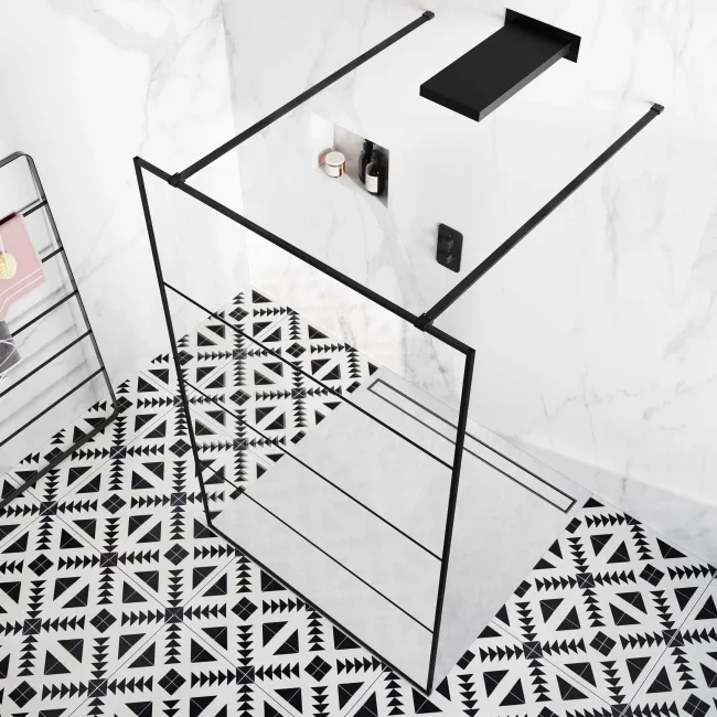 Munich Matt Black Grid 8mm Walk Through Wet Room Shower Glass Panel 1200mm