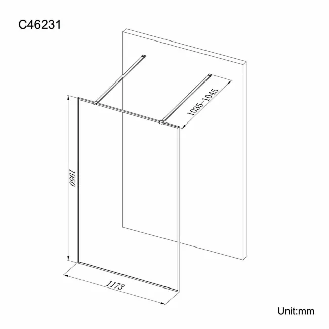 Munich Matt Black Framed 8mm Walk Through Wet Room Shower Glass Panel 1200mm
