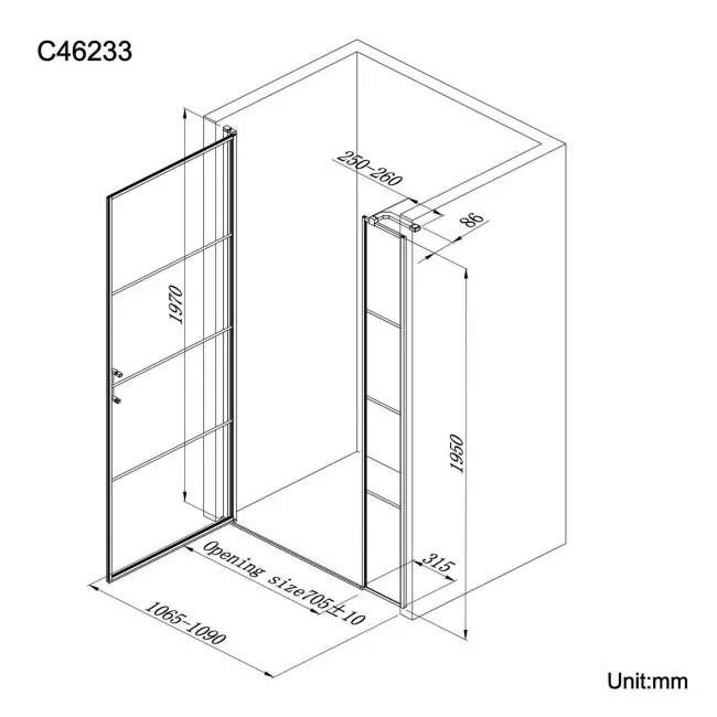 Toulon Matt Black Easy Clean 6mm Pivot Shower Door 1100mm
