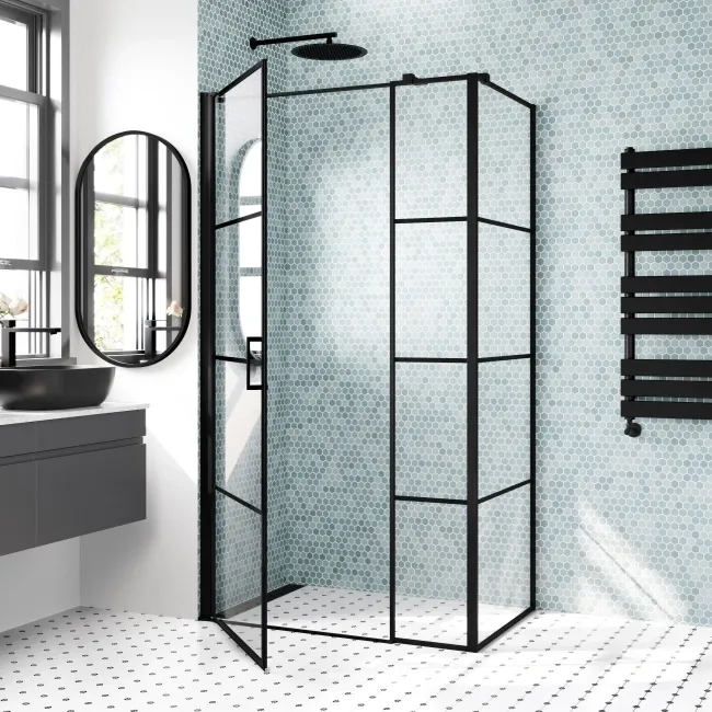 Toulon Matt Black Grid Easy Clean 6mm Pivot Shower Enclosure 1000x700mm
