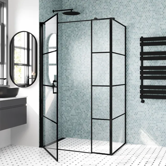 Toulon Matt Black Grid Easy Clean 6mm Pivot Shower Enclosure 1200x700mm