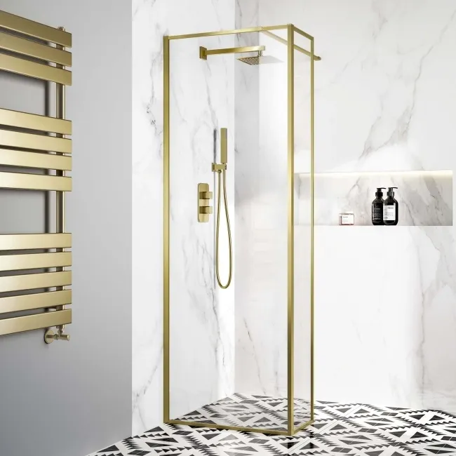 Munich Brushed Brass Framed 8mm Wet Room Shower Glass 700mm & 250mm Return Panel