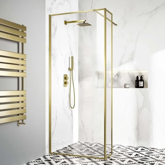 Munich Brushed Brass Framed 8mm Wet Room Shower Glass 800mm & 250mm Return Panel