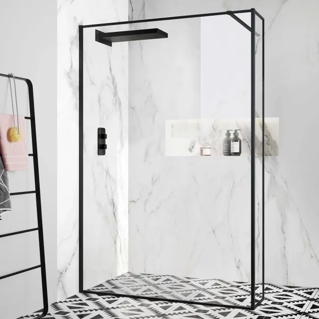 Munich Matt Black Framed 8mm Wet Room Shower Glass 1400mm & 250mm Return Panel