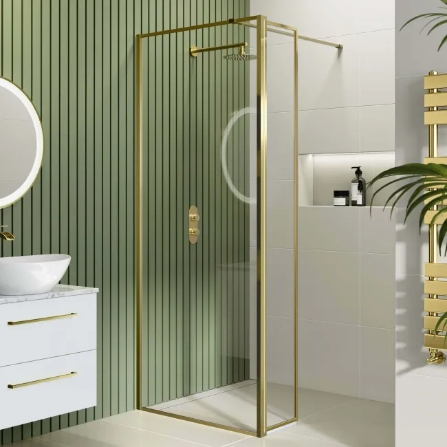 Munich Brushed Brass Framed 8mm Wet Room Shower Glass 800mm & 250mm Pivotal Return Panel