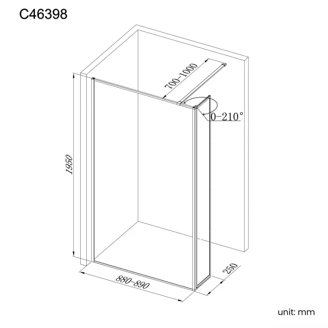 Munich Brushed Brass Framed 8mm Wet Room Shower Glass 900mm & 250mm Pivotal Return Panel