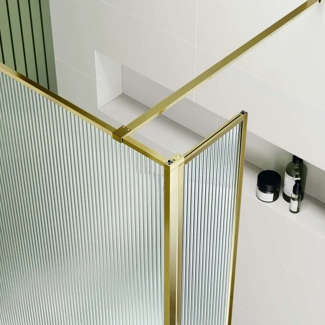 Munich Fluted Effect Brushed Brass 8mm Wet Room Shower Glass 1000mm & 250mm Pivotal Return Panel