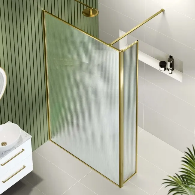 Munich Fluted Effect Brushed Brass 8mm Wet Room Shower Glass 1100mm & 250mm Pivotal Return Panel