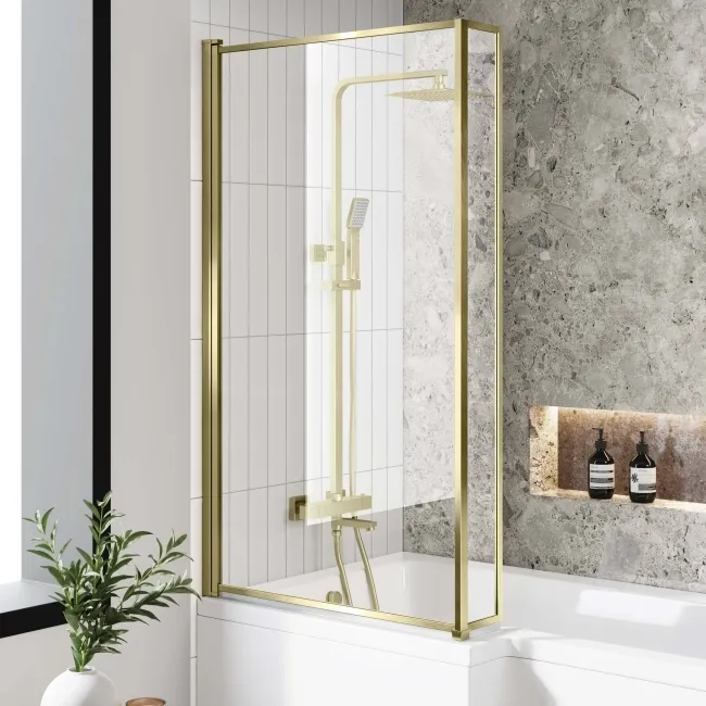 Zurich Easy Clean Brushed Brass L Shaped Bath Screen - 800mm