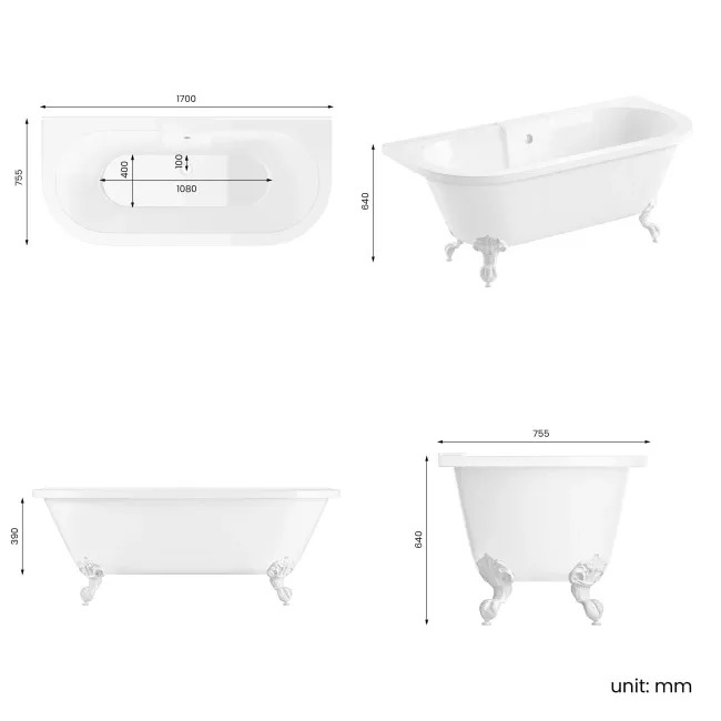 Harrow 1700mm Back To Wall Roll Top Bath - White Ball Feet