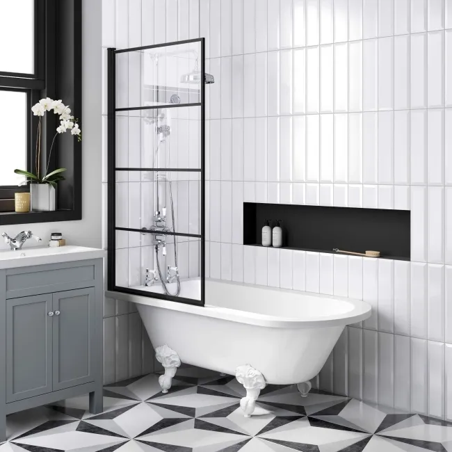 Abingdon 1500 Roll Top Shower Bath - White Ball Feet & 6mm Easy Clean Matt Black Grid Screen