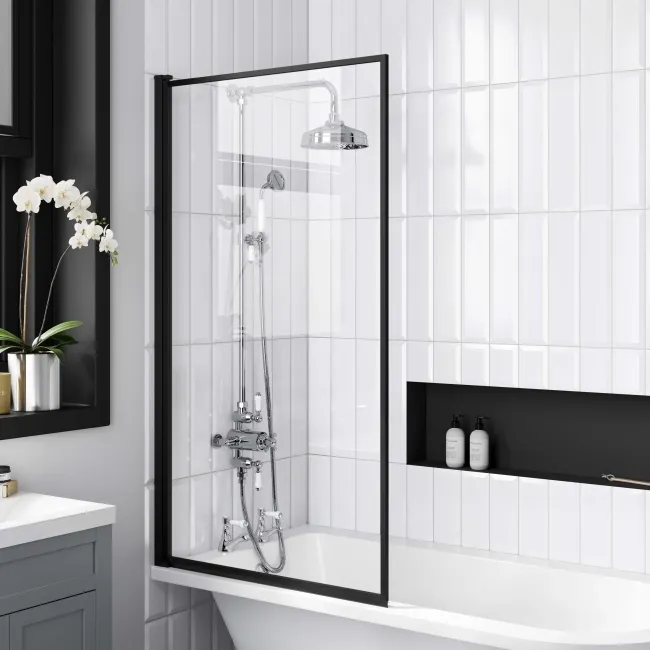 Abingdon 1500 Roll Top Shower Bath - Black Claw Feet & 6mm Easy Clean Matt Black Framed Screen