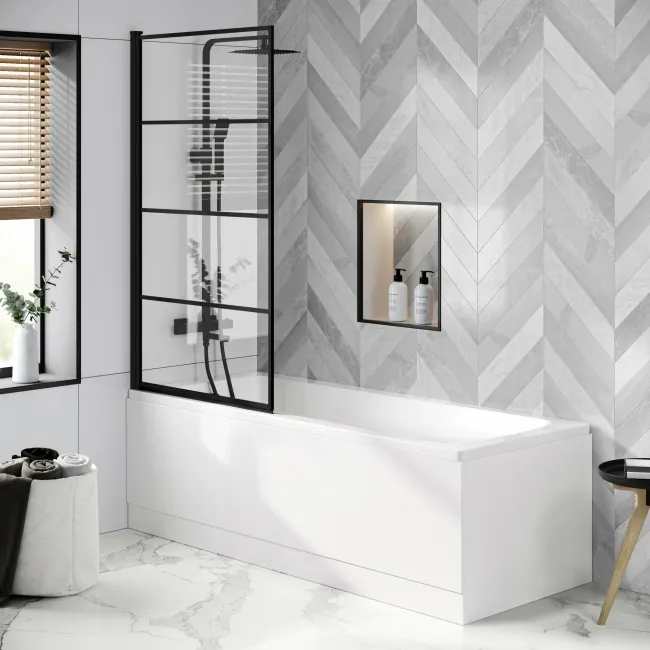 Hereford 1700x750 Square Shower Bath & 6mm Easy Clean Matt Black Grid Bath Screen