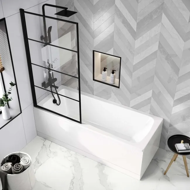 Hereford 1700x750 Square Shower Bath & 6mm Easy Clean Matt Black Grid Bath Screen