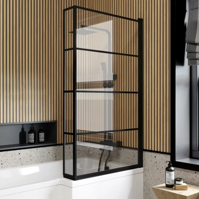 L Shaped 1600 Shower Bath with Front Panel & 6mm Easy Clean Matt Black Grid Bath Screen - Right Handed