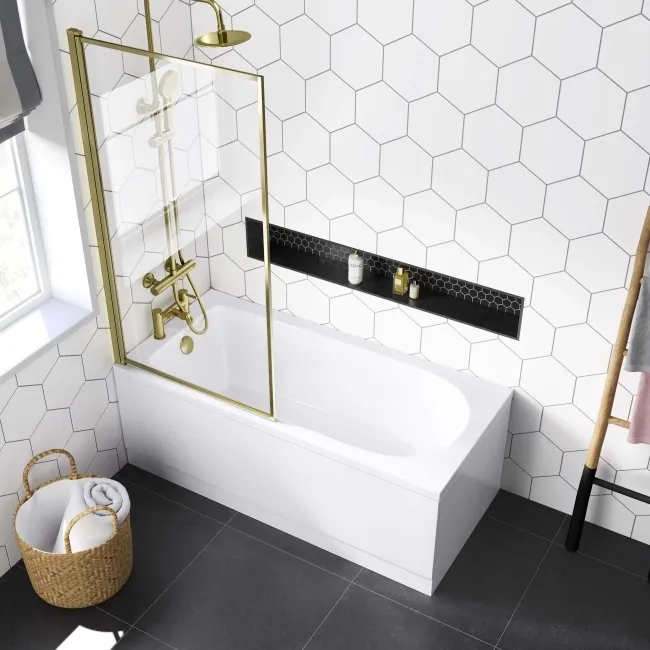 Stafford 1500x700 Round Shower Bath & 6mm Easy Clean Brushed Brass Framed Bath Screen