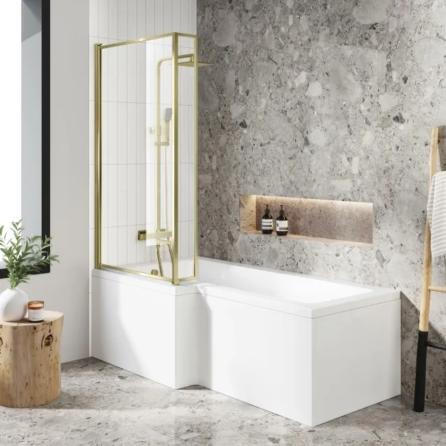 L Shaped 1700 Shower Bath & 6mm Easy Clean Brushed Brass Bath Screen - Left Handed