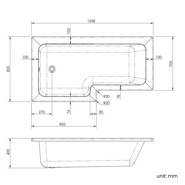 L Shaped 1600 Shower Bath with Front Panel & 6mm Easy Clean Brushed Brass Bath Screen - Left Handed