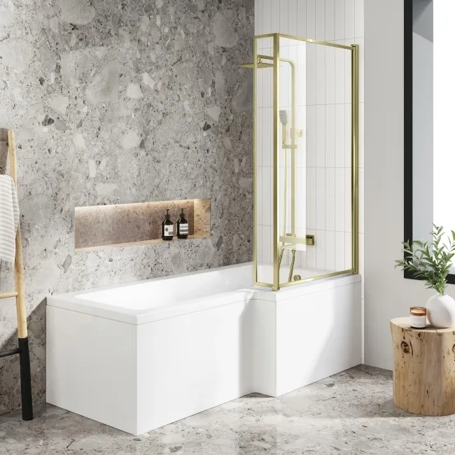 L Shaped 1700 Shower Bath with Front Panel & 6mm Easy Clean Brushed Brass Bath Screen - Right Handed