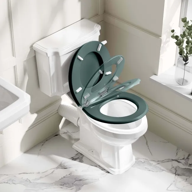 Hudson Traditional Toilet With Midnight Green Seat & Pedestal Basin Set - Double Tap Hole