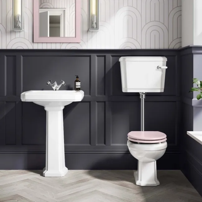 Hudson Traditional Low-Level Toilet With Cashmere Pink Seat & Pedestal Basin - Single Tap Hole