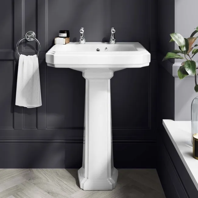 Hudson Traditional Toilet With Cashmere Pink Seat & Pedestal Basin Set - Double Tap Hole