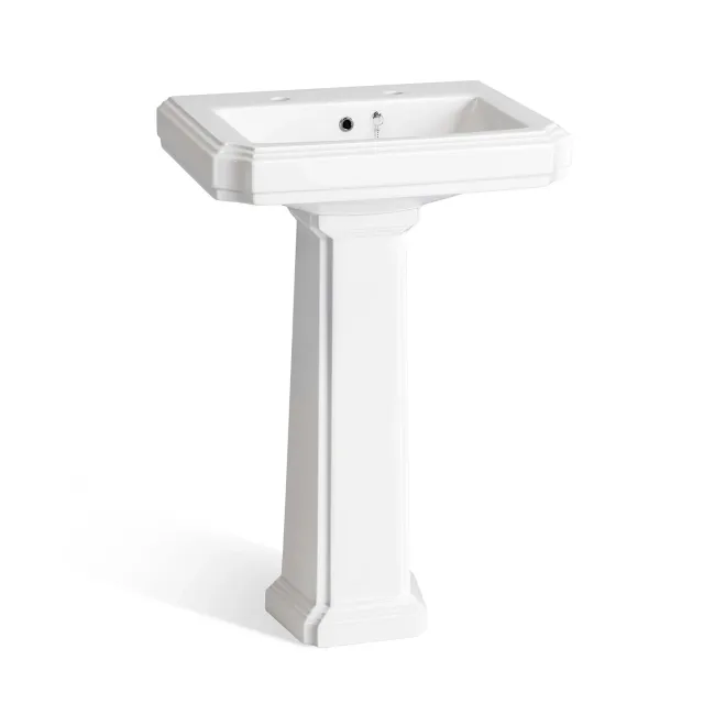 Hudson Traditional High-Level Toilet With Cotton White Seat & Pedestal Basin - Double Tap Hole