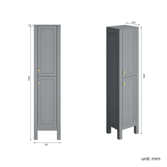 Bermuda Dove Grey Floor Standing Tall Cabinet 1500x350mm - Brushed Brass Accents