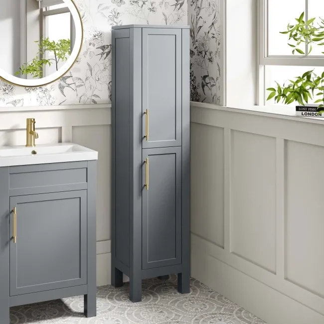 Bermuda Dove Grey Floor Standing Tall Cabinet 1500x350mm - Brass Knurled Handles