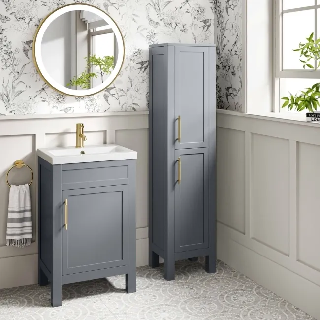 Bermuda Dove Grey Floor Standing Tall Cabinet 1500x350mm - Brass Knurled Handles