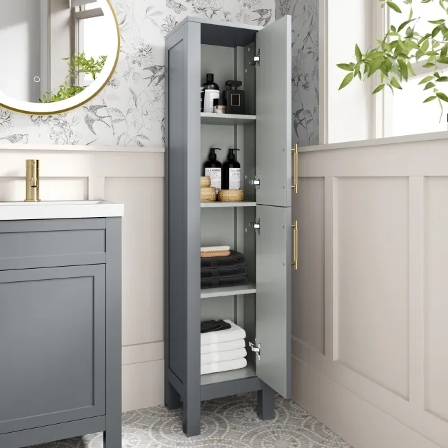 Bermuda Dove Grey Floor Standing Tall Cabinet 1500x350mm - Brass Knurled Handles