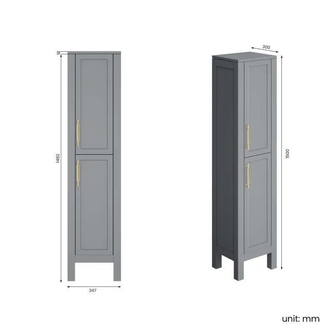 Bermuda Dove Grey Floor Standing Tall Cabinet 1500x350mm - Brass Knurled Handles